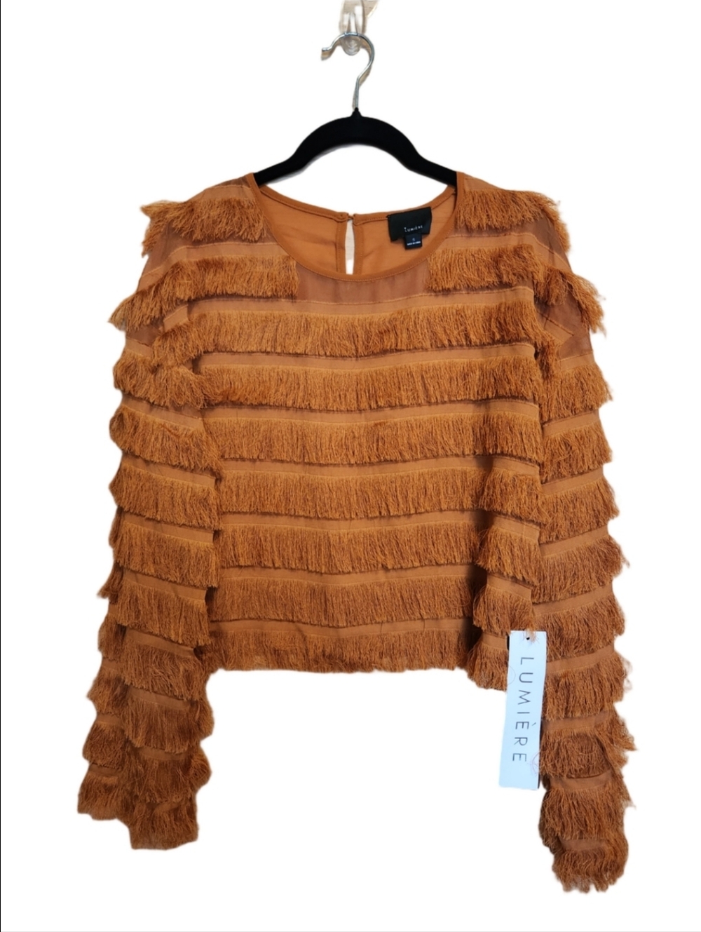LUMIERE SEMI SHEER CROP CHESTNUT BOHO FRINGE FESTIVAL TOP BLOUSE SIZE SMALL NWT